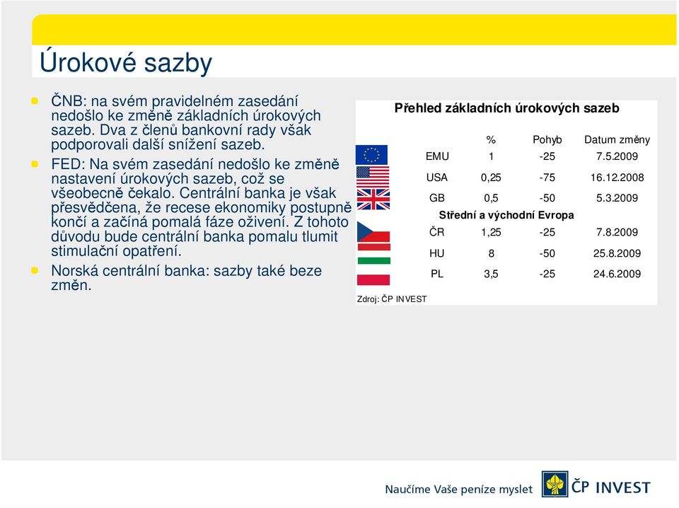 Centrální banka je však přesvědčena, že recese ekonomiky postupně končí a začíná pomalá fáze oživení.