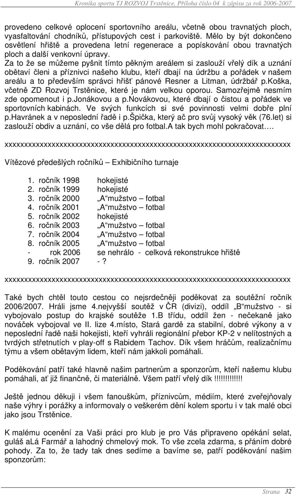 Za to že se můžeme pyšnit tímto pěkným areálem si zaslouží vřelý dík a uznání obětaví členi a příznivci našeho klubu, kteří dbají na údržbu a pořádek v našem areálu a to především správci hřišť