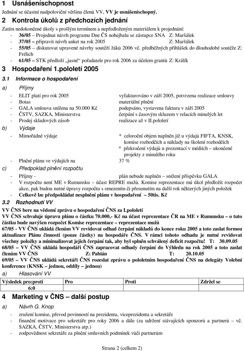 Maršálek - 37/05 připravit návrh anket na rok 2005 Z: Maršálek - 55/05 diskutovat upravené návrhy soutěží žáků 2006 vč.