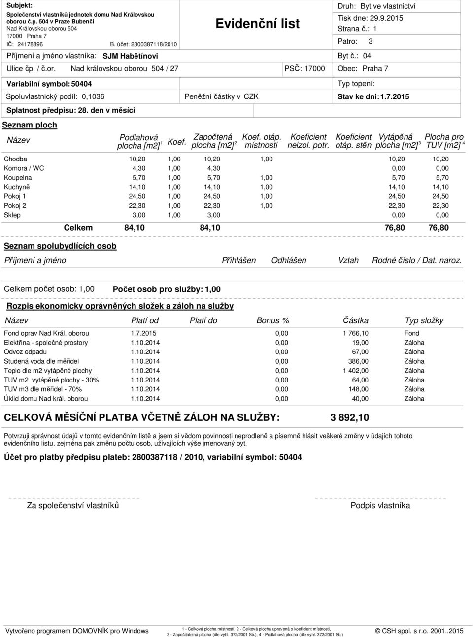 1,00 oprav Nad Král. oborou 1.7.2015 0,00 1 766,10 Elektřina - společné prostory 1.10.2014 Odvoz odpadu 1.10.2014 Studená voda dle měřidel 1.10.2014 Teplo dle m2 vytápěné plochy 1.10.2014 0,00 1 402,00 TUV m2 vytápěné plochy - 30% 1.