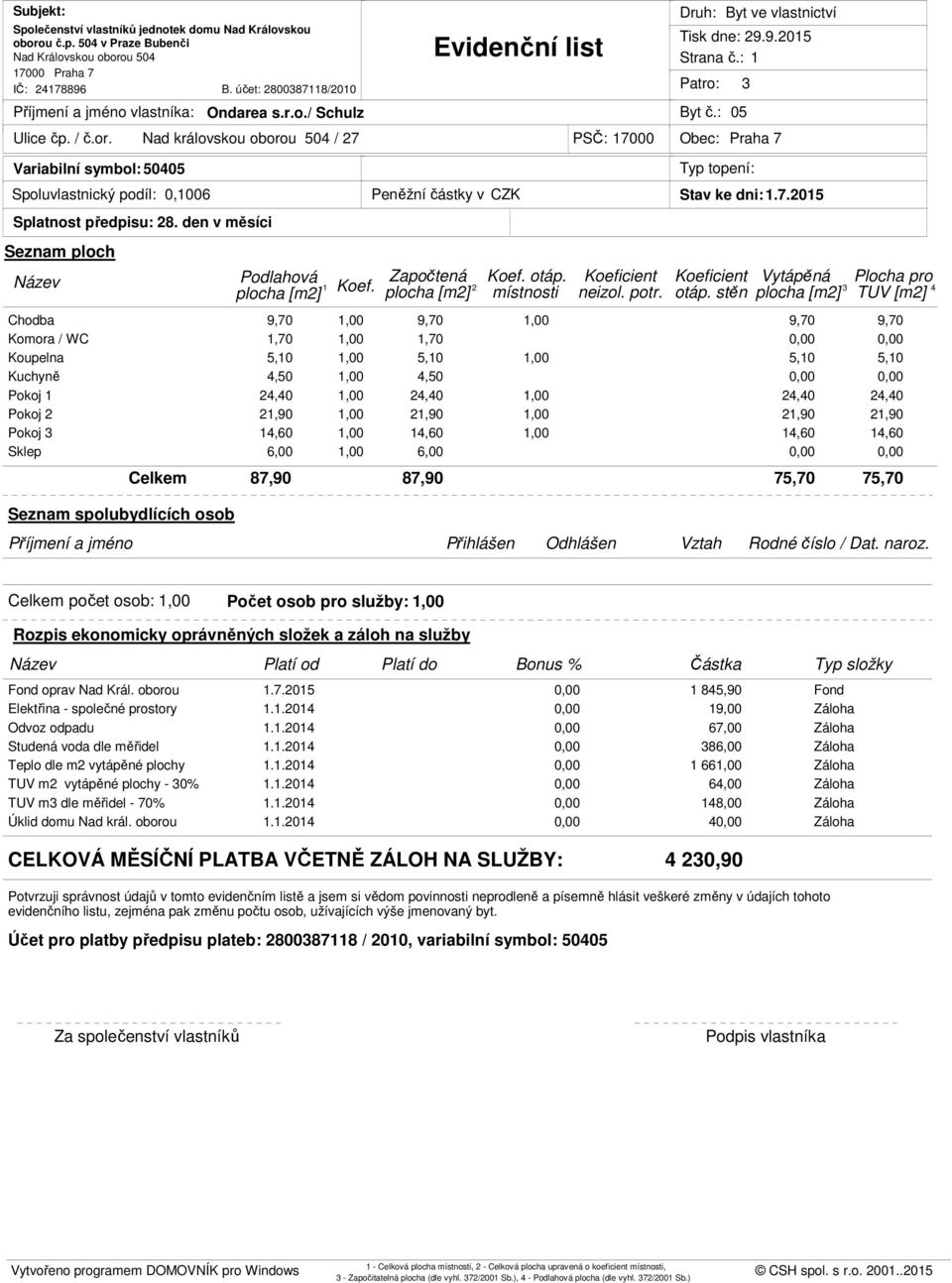 Pokoj 1 24,40 1,00 24,40 1,00 24,40 24,40 Pokoj 2 21,90 1,00 21,90 1,00 21,90 21,90 Pokoj 3 14,60 1,00 14,60 1,00 14,60 14,60 Sklep 6,00 1,00 6,00 87,90 87,90 75,70 75,70 počet osob: 1,00 Počet osob