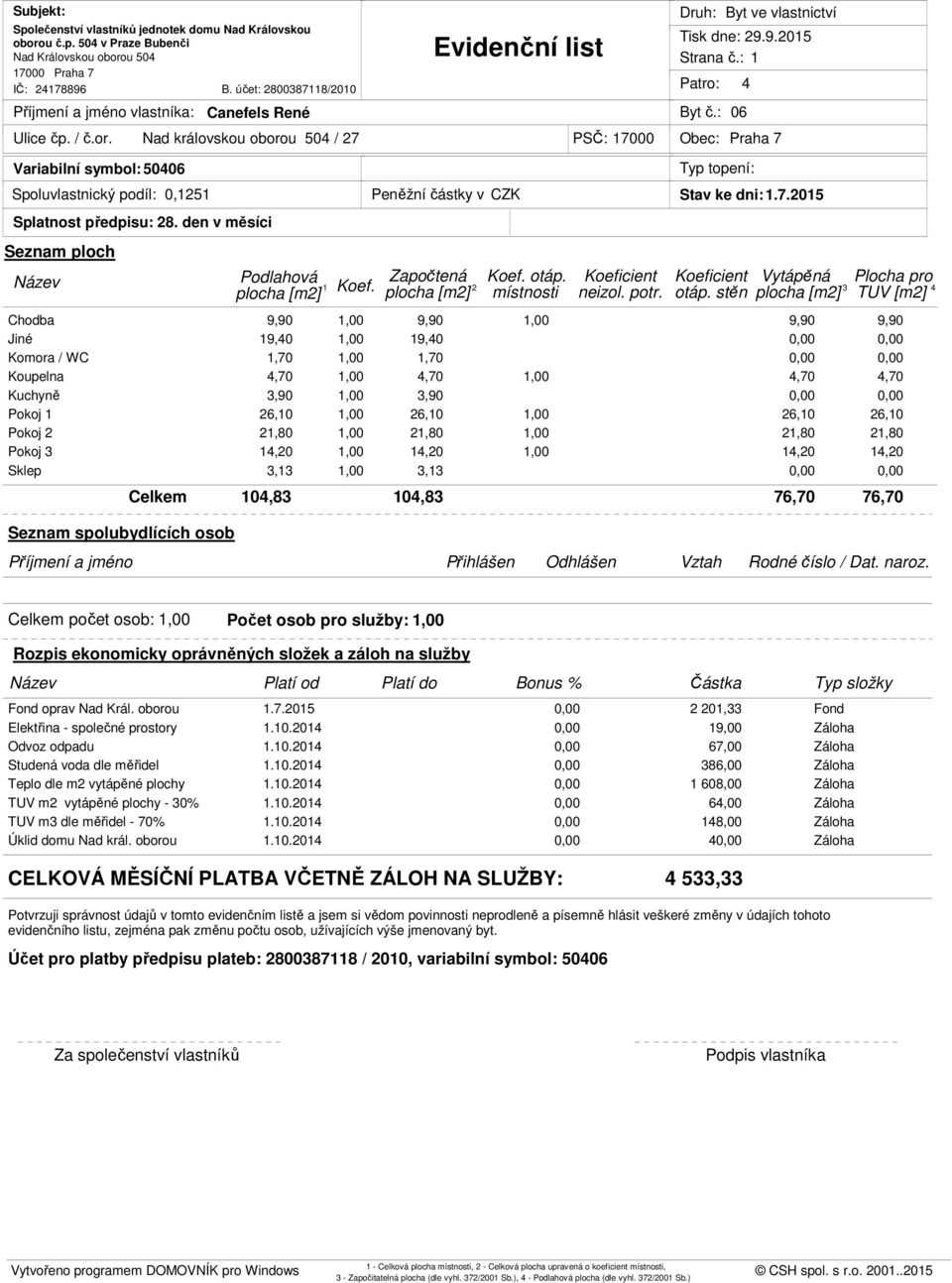 počet osob: 1,00 Počet osob pro služby: 1,00 oprav Nad Král. oborou 1.7.2015 0,00 2 201,33 Elektřina - společné prostory 1.10.2014 Odvoz odpadu 1.10.2014 Studená voda dle měřidel 1.10.2014 Teplo dle m2 vytápěné plochy 1.