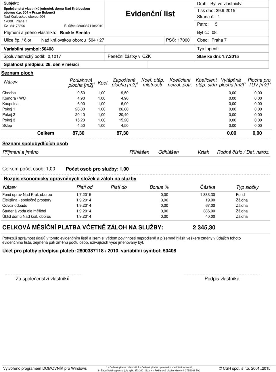 9.2014 Odvoz odpadu 1.9.2014 Studená voda dle měřidel 1.9.2014 Úklid domu Nad král. oborou 1.9.2014 CELKOVÁ MĚSÍČNÍ PLATBA VČETNĚ ZÁLOH NA SLUŽBY: 2 345,30 Účet pro