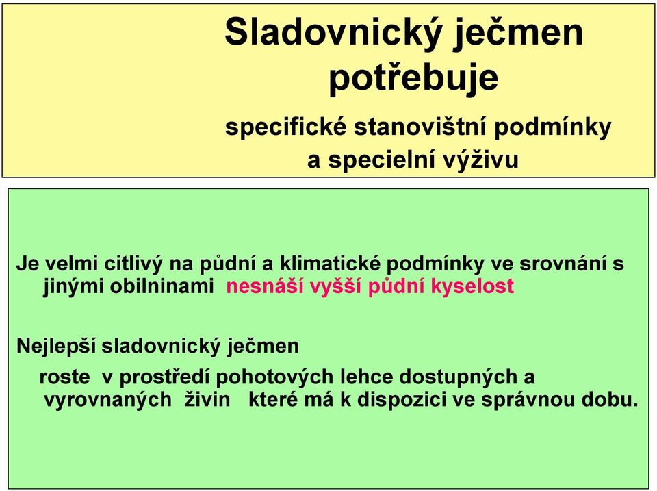 nesnáší vyšší půdní kyselost Nejlepší sladovnický ječmen roste v prostředí