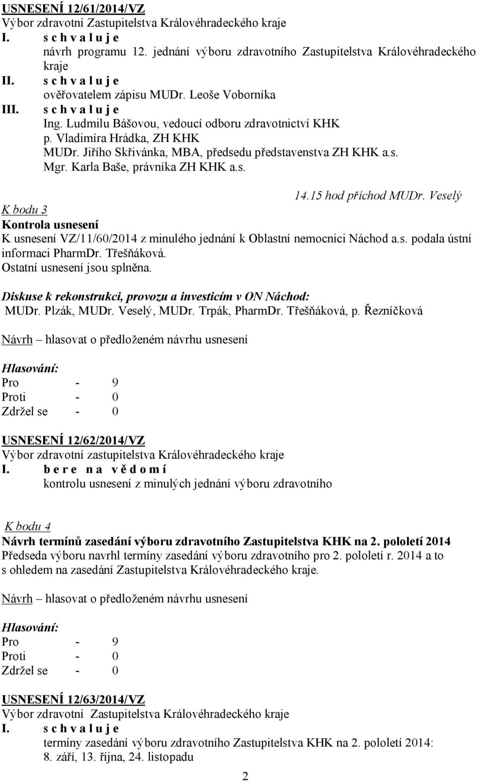 Jiřího Skřivánka, MBA, předsedu představenstva ZH KHK a.s. Mgr. Karla Baše, právníka ZH KHK a.s. 14.15 hod příchod MUDr.