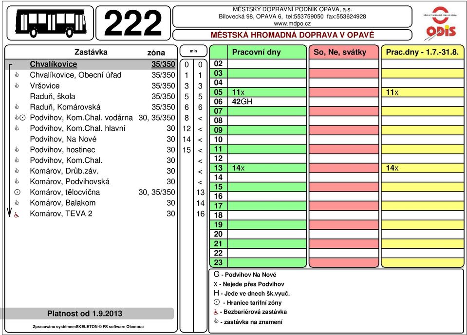 záv. Komárov, Podvihovská Komárov, tělocvična, 5/5 Komárov, Balakom a Komárov, TEVA Platnost od 1.9.