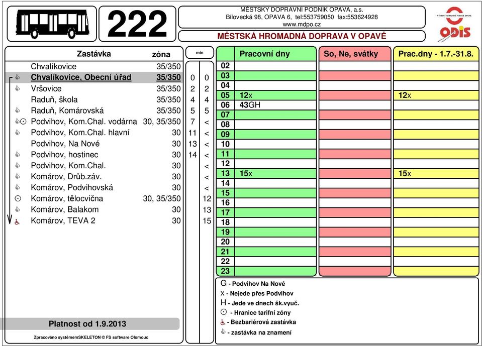 záv. Komárov, Podvihovská Komárov, tělocvična, 5/5 Komárov, Balakom a Komárov, TEVA Platnost od 1.9.