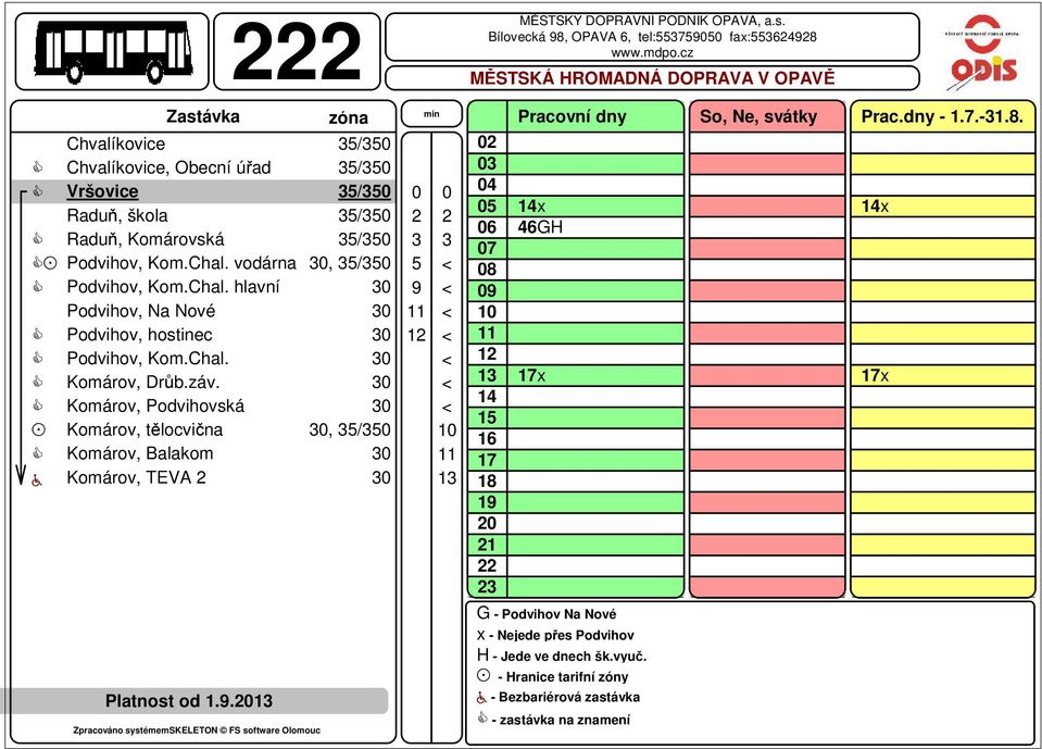 záv. Komárov, Podvihovská Komárov, tělocvična, 5/5 Komárov, Balakom a Komárov, TEVA Platnost od 1.9.