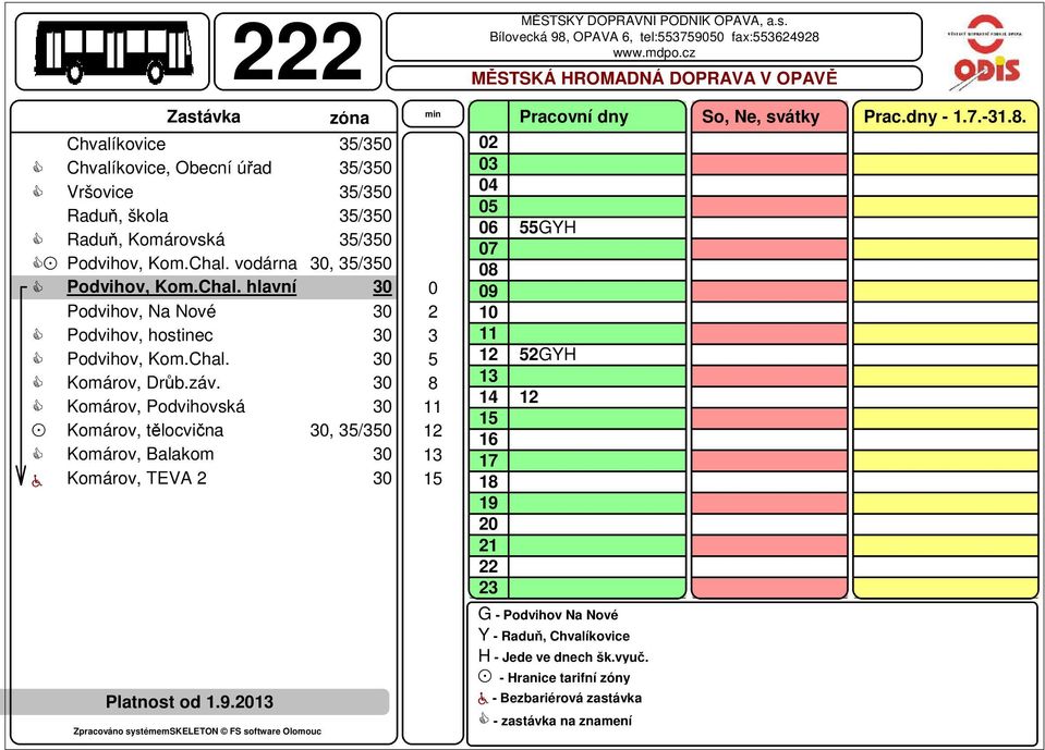 záv. Komárov, Podvihovská Komárov, tělocvična, 5/5 Komárov, Balakom a Komárov, TEVA Platnost od 1.9.