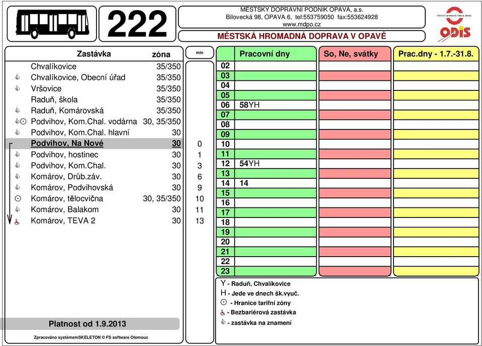 záv. Komárov, Podvihovská Komárov, tělocvična, 5/5 Komárov, Balakom a Komárov, TEVA Platnost od 1.9.