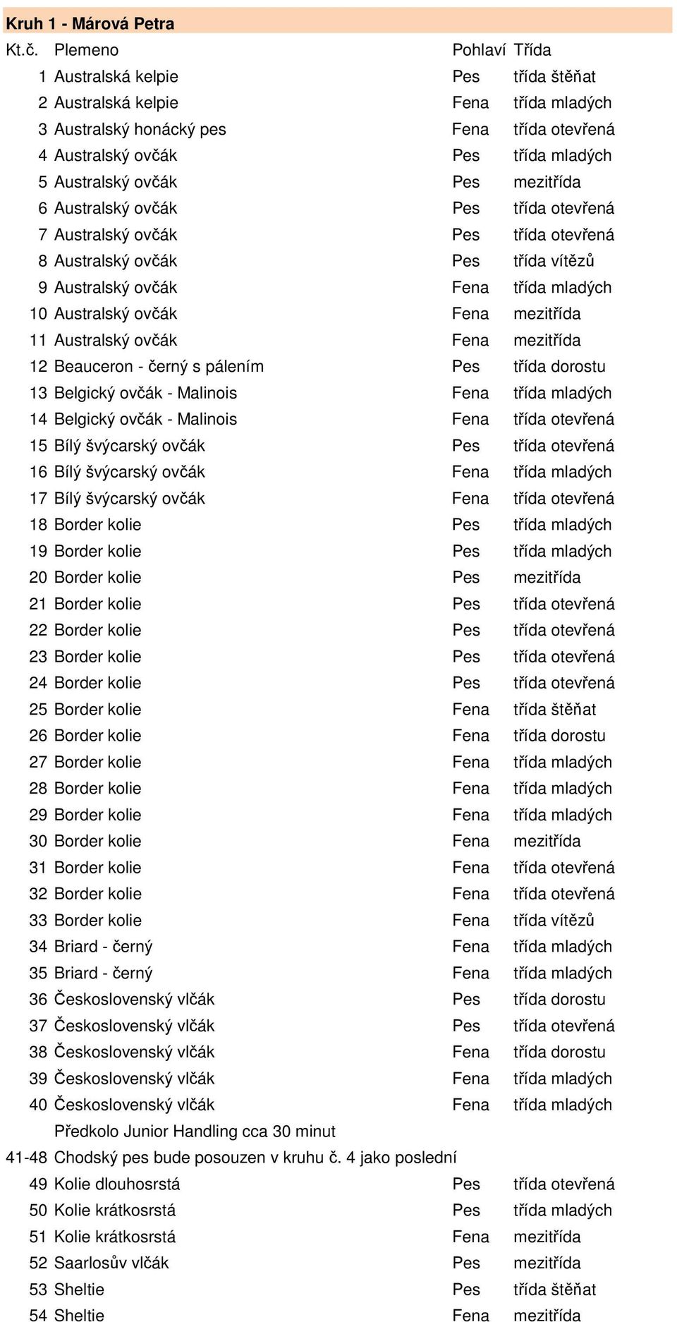 Pes mezitřída 6 Australský ovčák Pes třída otevřená 7 Australský ovčák Pes třída otevřená 8 Australský ovčák Pes třída vítězů 9 Australský ovčák Fena třída mladých 10 Australský ovčák Fena mezitřída