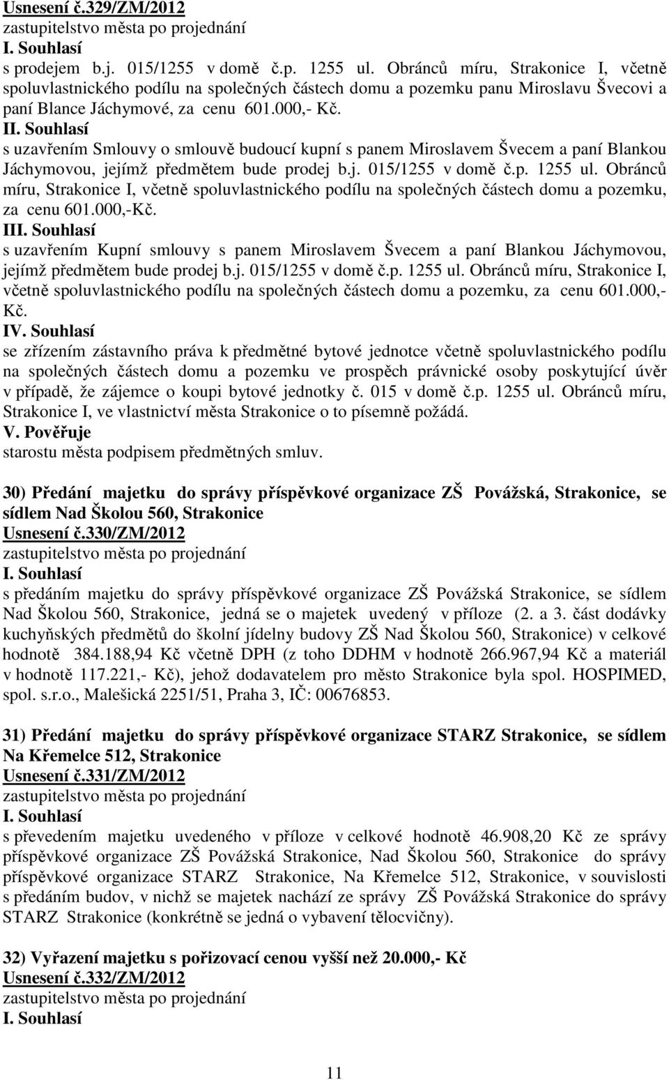 I s uzavřením Smlouvy o smlouvě budoucí kupní s panem Miroslavem Švecem a paní Blankou Jáchymovou, jejímž předmětem bude prodej b.j. 015/1255 v domě č.p. 1255 ul.