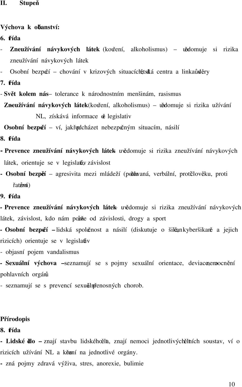 třída - Svět kolem nás tolerance k národnostním menšinám, rasismus - Zneužívání návykových látek (kouření, alkoholismus) uvědomuje si rizika užívání NL, získává informace o legislativě - Osobní