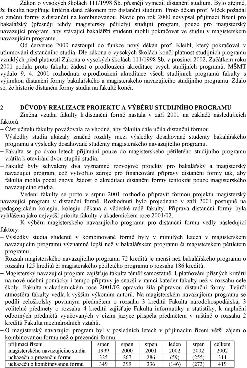 Navíc pro rok 2000 nevypsal přijímací řízení pro bakalářský (přesněji tehdy magisterský pětiletý) studijní program, pouze pro magisterský navazující program, aby stávající bakalářští studenti mohli