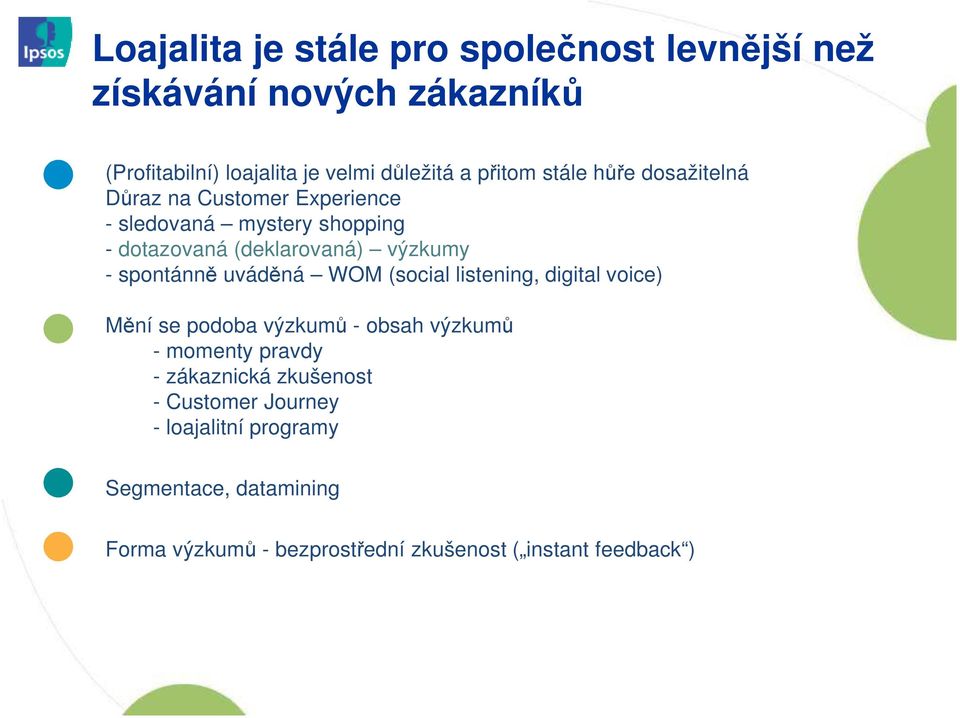 spontánně uváděná WOM (social listening, digital voice) Mění se podoba výzkumů - obsah výzkumů - momenty pravdy - zákaznická