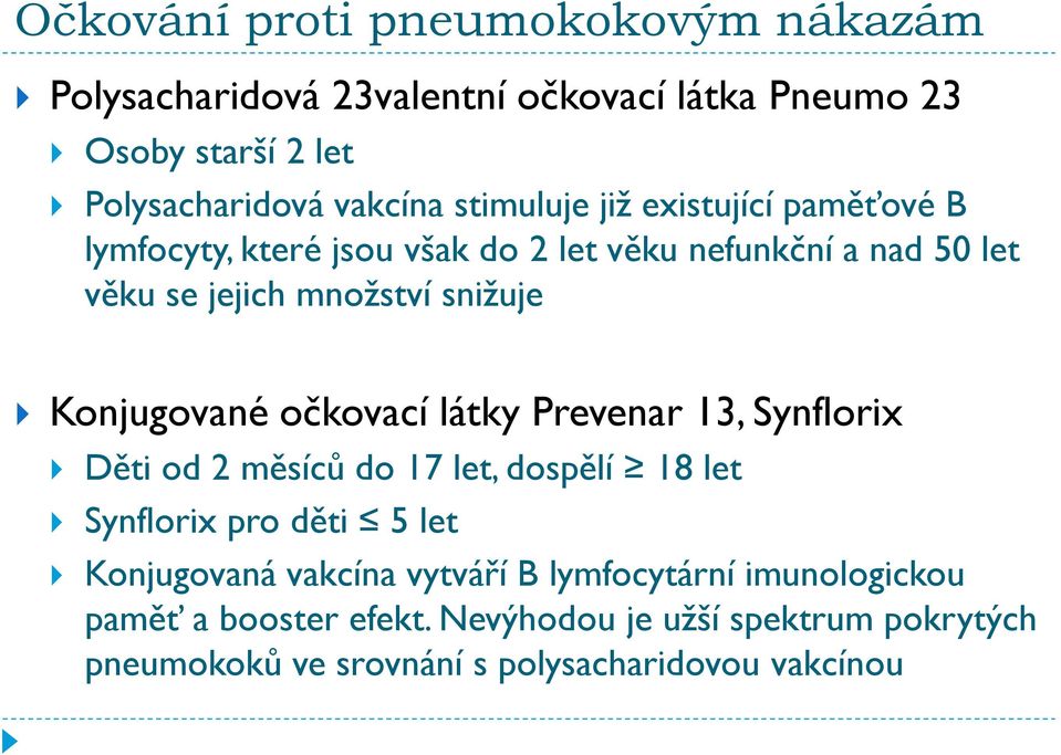 Konjugované očkovací látky Prevenar 13, Synflorix Děti od 2 měsíců do 17 let, dospělí 18 let Synflorix pro děti 5 let Konjugovaná vakcína