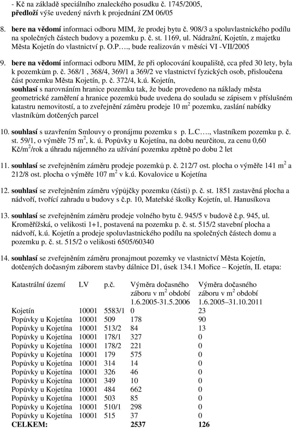 bere na vědomí informaci odboru MIM, že při oplocování koupaliště, cca před 30 lety, byla k pozemkům p. č.