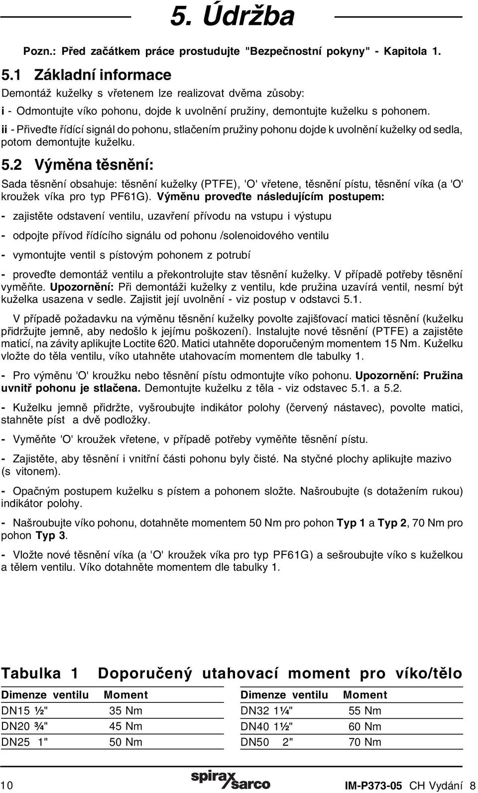 ii - Přiveďte řídící signál do pohonu, stlačením pružiny pohonu dojde k uvolnění kuželky od sedla, potom demontujte kuželku. 5.