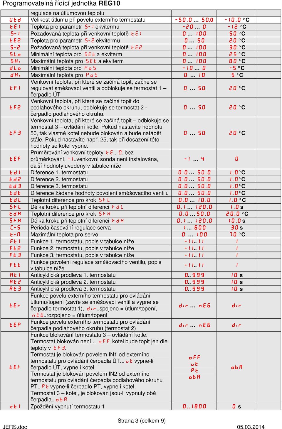 teplotě TE2 0 100 30 C SLo Minimální teplota pro SET a ekviterm 0 100 25 C SHi Maximální teplota pro SET a ekviterm 0 100 80 C dlo Minimální teplota pro PoS -10 0-5 C dhi Maximální teplota pro PoS 0