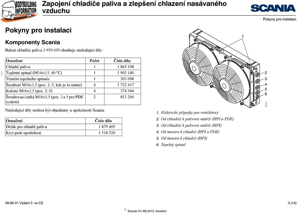 3 a 5 pro PDE systém) 83 04 Následující díly mohou být objednány u společnosti Scania: Označení Číslo dílu Držák pro chladič paliva 879 405 Kryt proti opotřebení 58 50.