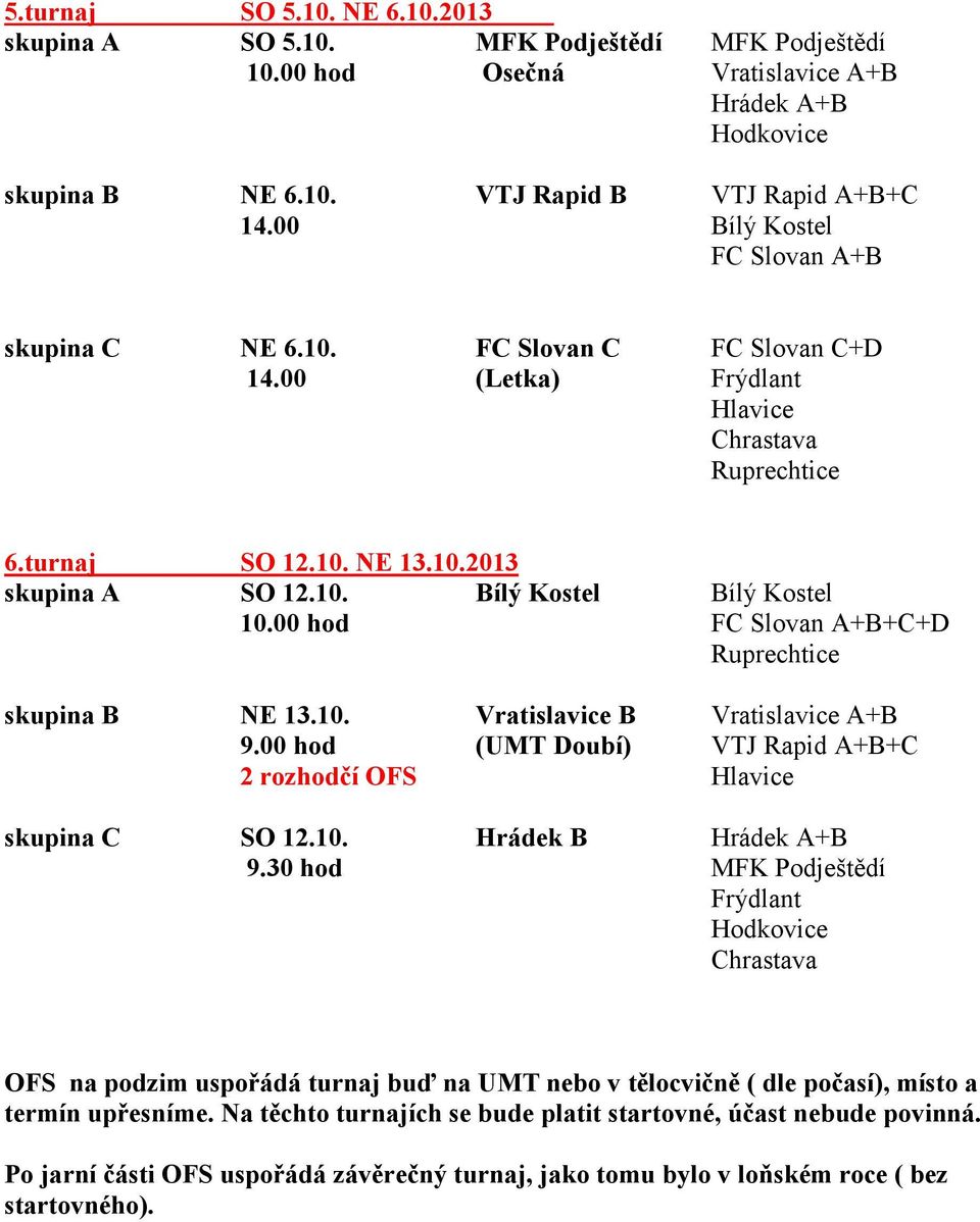 00 hod (UMT Doubí) VTJ Rapid A+B+C 2 rozhodčí OFS skupina C SO 12.10. Hrádek B Hrádek A+B 9.