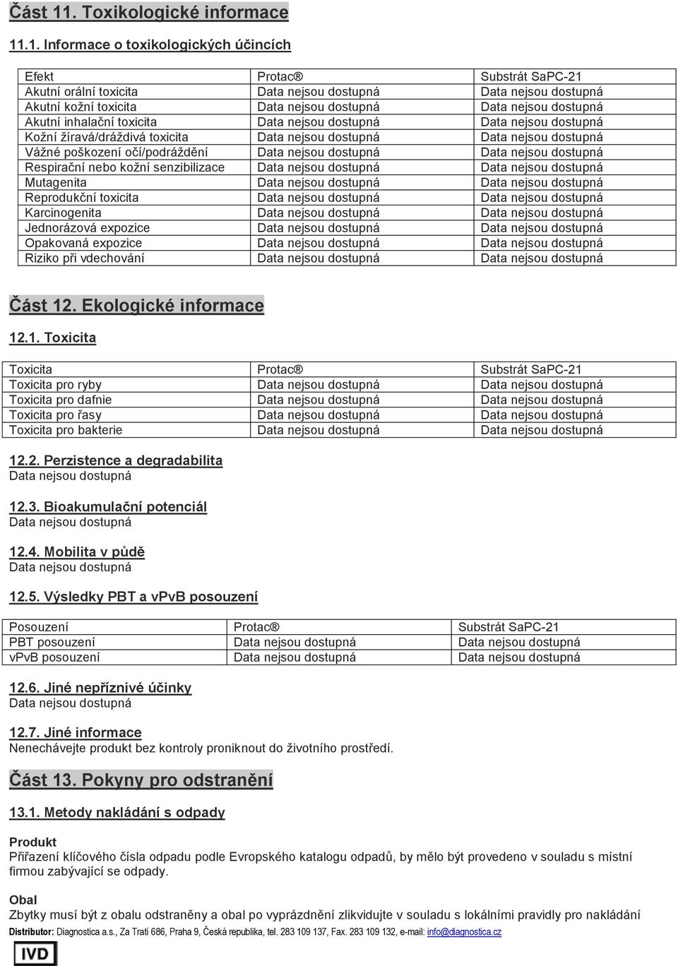 .1. Informace o toxikologických účincích Efekt Protac Substrát SaPC-21 Akutní orální toxicita Akutní kožní toxicita Akutní inhalační toxicita Kožní žíravá/dráždivá toxicita Vážné poškození