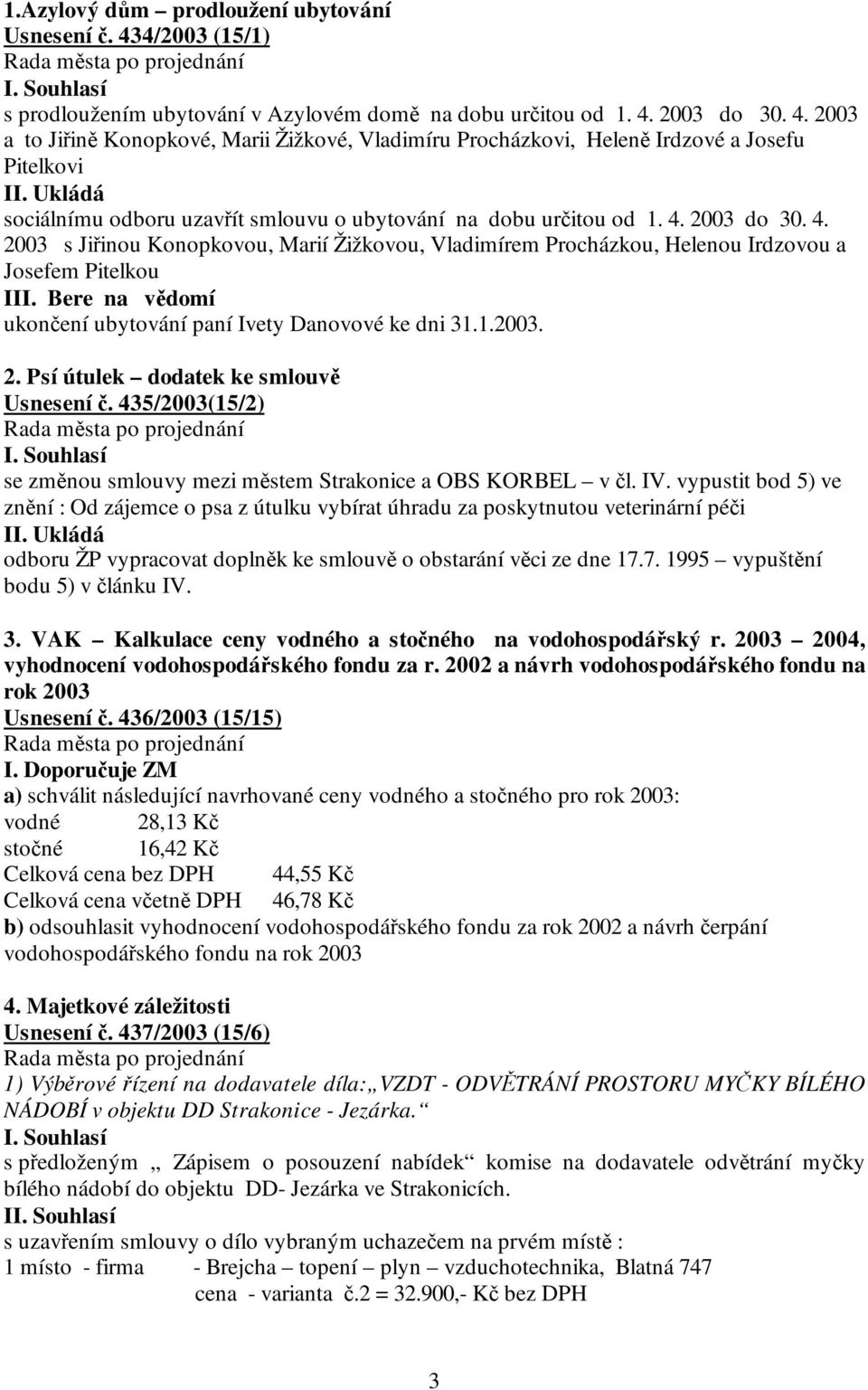 2003 do 30. 4. 2003 a to Jiřině Konopkové, Marii Žižkové, Vladimíru Procházkovi, Heleně Irdzové a Josefu Pitelkovi sociálnímu odboru uzavřít smlouvu o ubytování na dobu určitou od 1. 4. 2003 do 30. 4. 2003 s Jiřinou Konopkovou, Marií Žižkovou, Vladimírem Procházkou, Helenou Irdzovou a Josefem Pitelkou III.