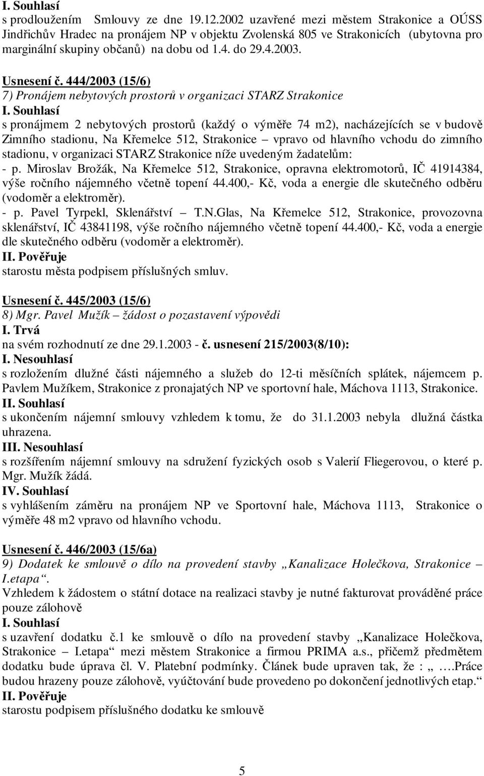 444/2003 (15/6) 7) Pronájem nebytových prostorů v organizaci STARZ Strakonice s pronájmem 2 nebytových prostorů (každý o výměře 74 m2), nacházejících se v budově Zimního stadionu, Na Křemelce 512,