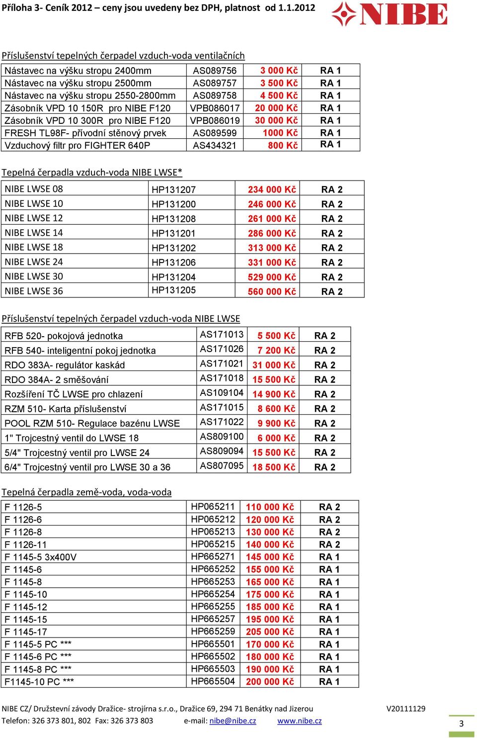 1000 Kč RA 1 Vzduchový filtr pro FIGHTER 640P AS434321 800 Kč RA 1 Tepelná čerpadla vzduch-voda NIBE LWSE* NIBE LWSE 08 HP131207 234 000 Kč RA 2 NIBE LWSE 10 HP131200 246 000 Kč RA 2 NIBE LWSE 12