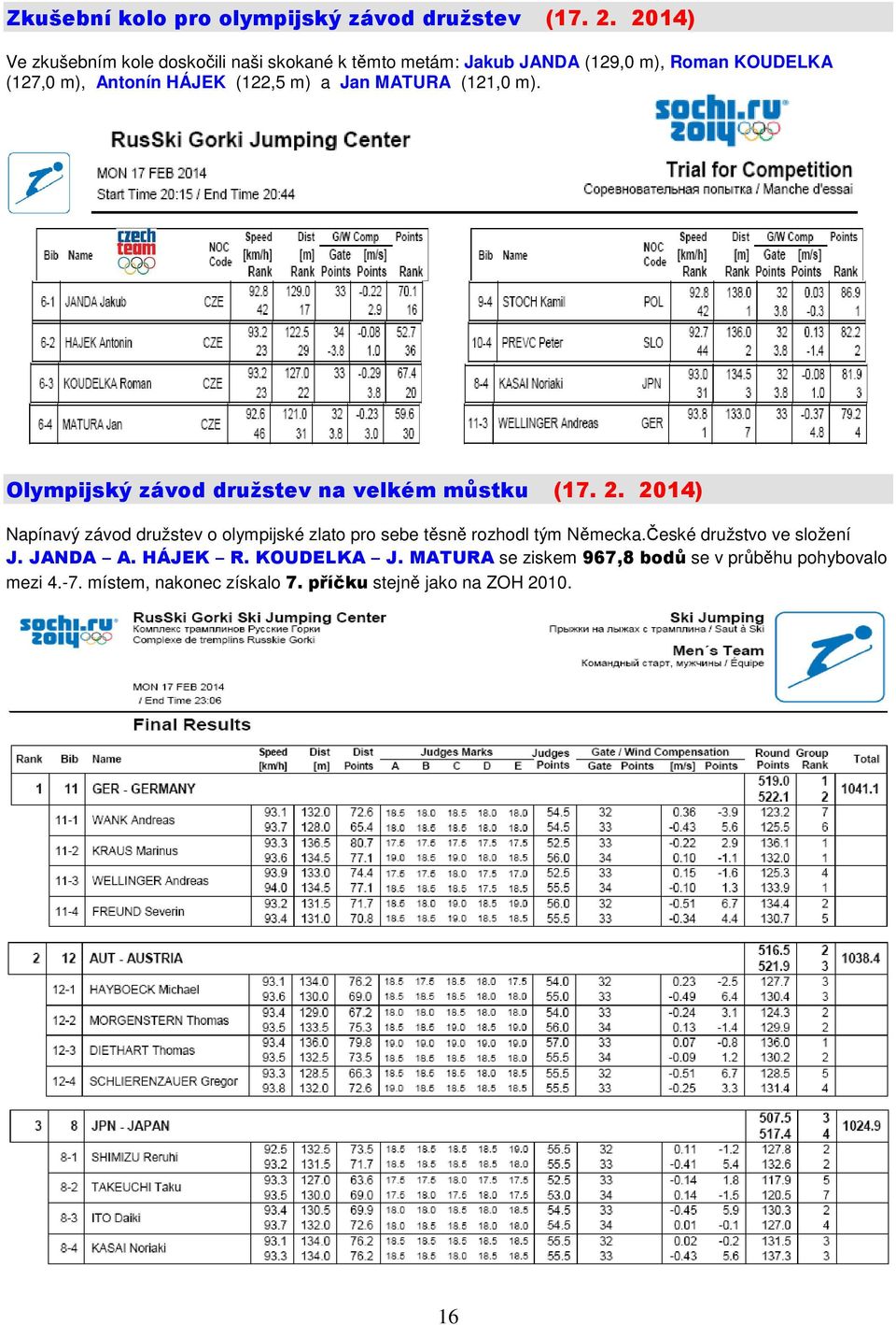 m) a Jan MATURA (121,0 m). Olympijský závod družstev na velkém můstku (17. 2.