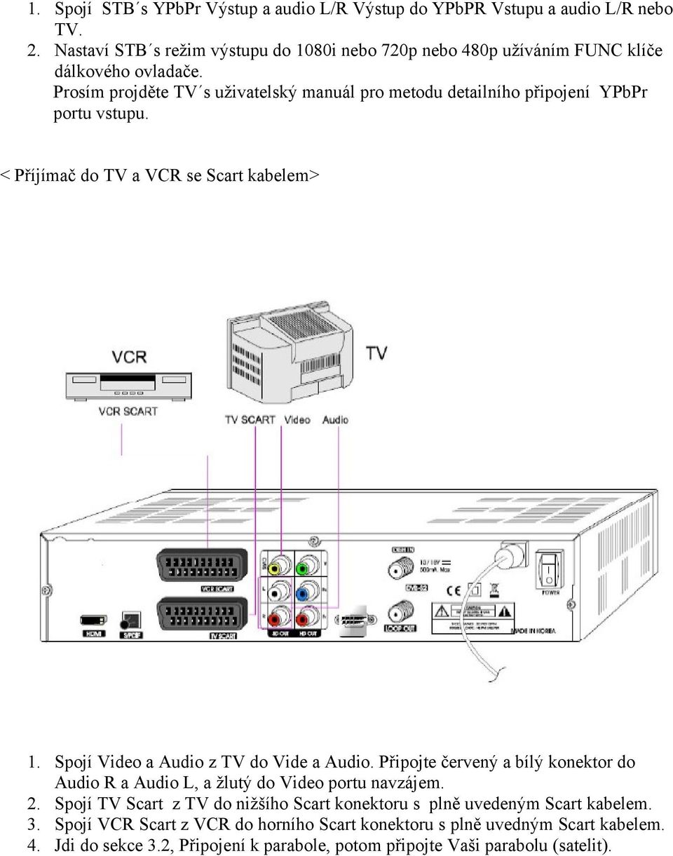 Prosím projděte TV s uživatelský manuál pro metodu detailního připojení YPbPr portu vstupu. < Příjímač do TV a VCR se Scart kabelem> 1.