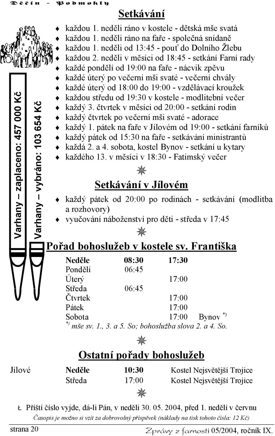 neděli v měsíci od 18:45 - setkání Farní rady každé pondělí od 19:00 na faře - nácvik zpěvu každé úterý po večerní mši svaté - večerní chvály každé úterý od 18:00 do 19:00 - vzdělávací kroužek každou