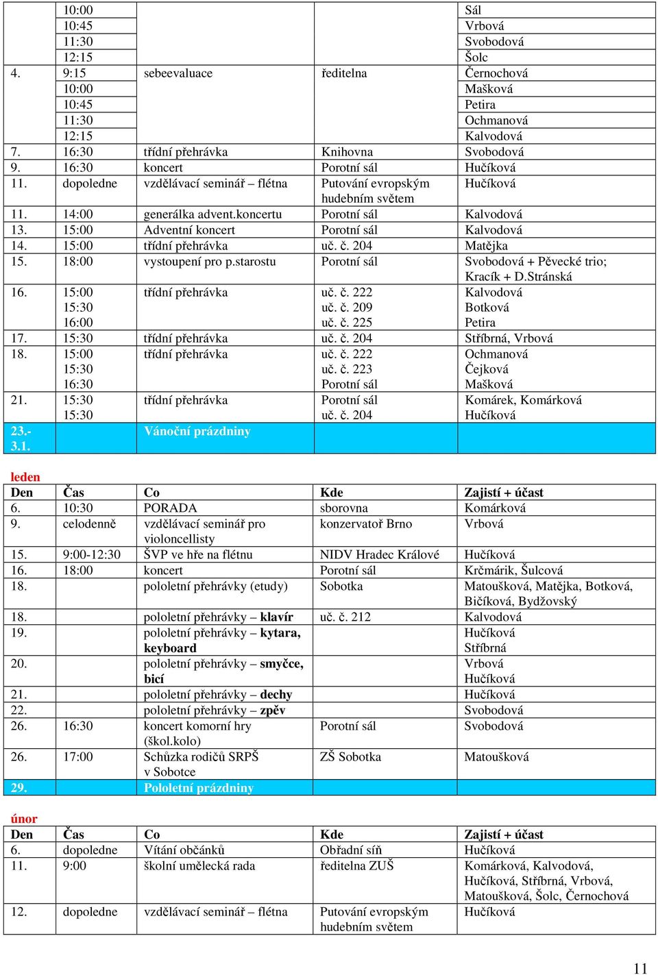 15:00 Adventní koncert Porotní sál Kalvodová 14. 15:00 třídní přehrávka uč. č. 204 Matějka 15. 18:00 vystoupení pro p.starostu Porotní sál Svobodová + Pěvecké trio; Kracík + D.Stránská 16.