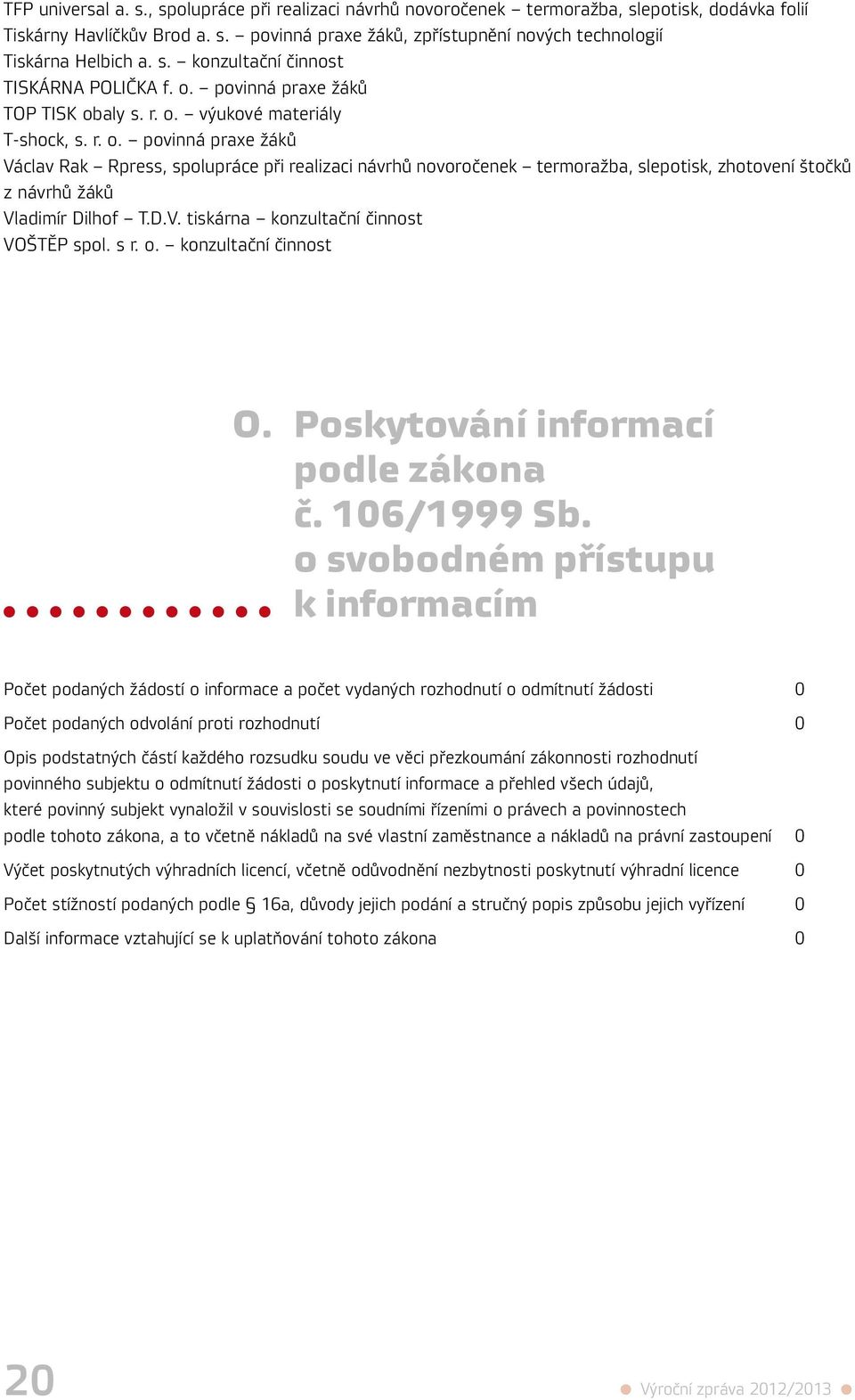 D.V. tiskárna konzultační činnost VOŠTĚP spol. s r. o. konzultační činnost O. Poskytování informací podle zákona č. 106/1999 Sb.