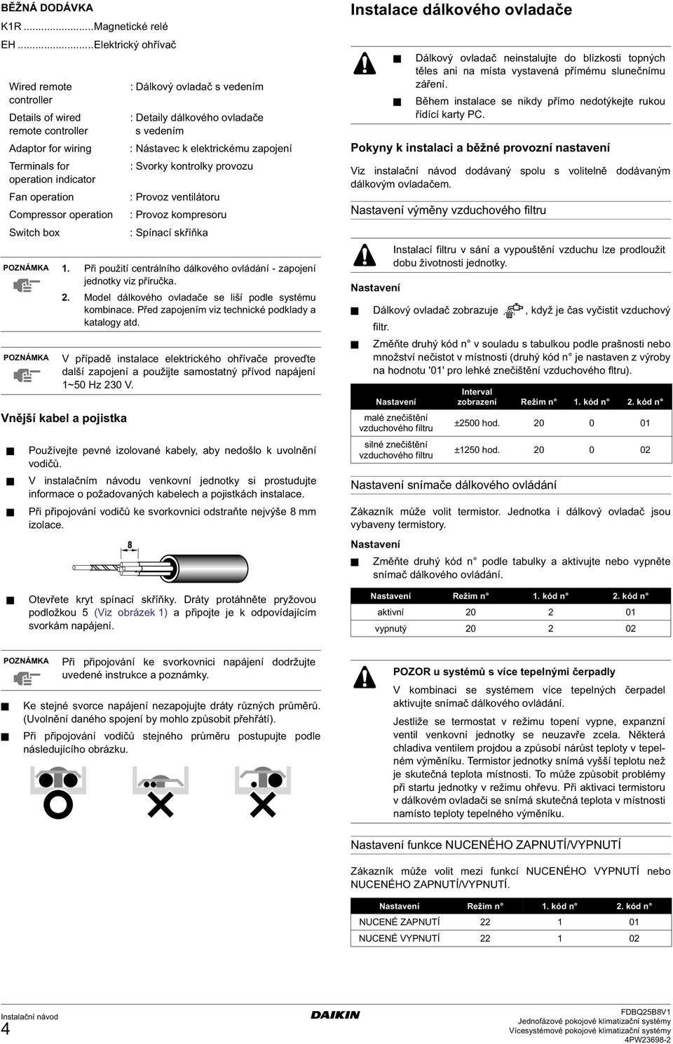 pojistka : Dálkový ovladač s vedením : Detaily dálkového ovladače s vedením : Nástavec k elektrickému zapojení : Svorky kontrolky provozu : Provoz ventilátoru : Provoz kompresoru : Spínací skříňka