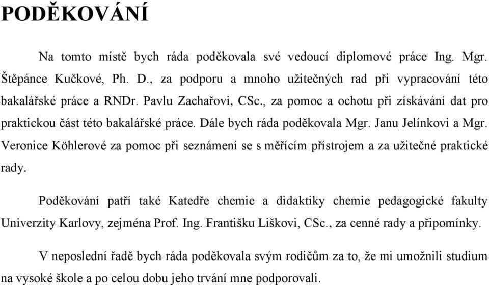 Dále bych ráda poděkovala Mgr. Janu Jelínkovi a Mgr. Veronice Köhlerové za pomoc při seznámení se s měřícím přístrojem a za užitečné praktické rady.