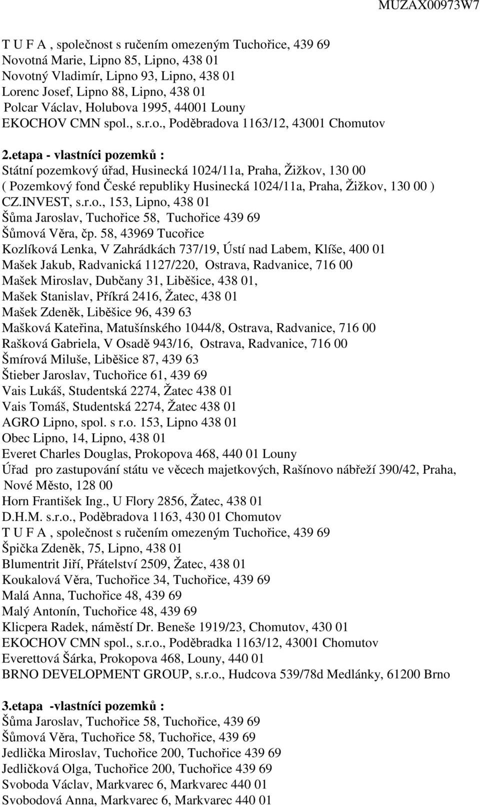 etapa - vlastníci pozemků : Státní pozemkový úřad, Husinecká 1024/11a, Praha, Žižkov, 130 00 ( Pozemkový fond České republiky Husinecká 1024/11a, Praha, Žižkov, 130 00 ) CZ.INVEST, s.r.o., 153, Lipno, 438 01 Šůma Jaroslav, Tuchořice 58, Tuchořice 439 69 Šůmová Věra, čp.