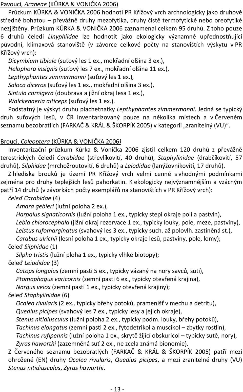 Z toho pouze 6 druhů čeledi lze hodnotit jako ekologicky významné upřednostňující původní, klimaxová stanoviště (v závorce celkové počty na stanovištích výskytu v PR Křížový vrch):? (suťový les 1 ex.