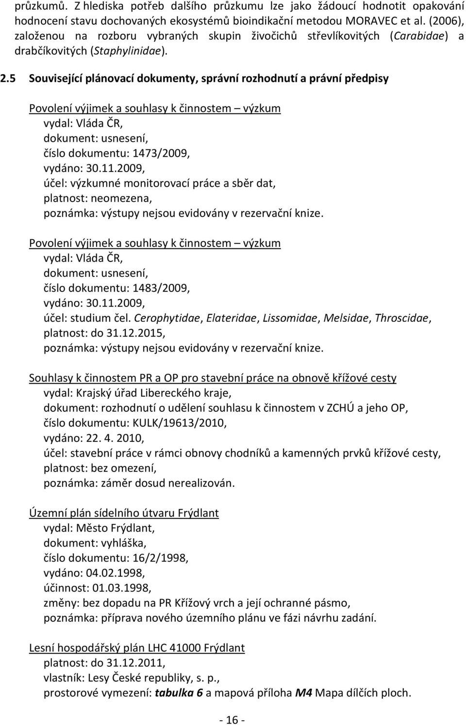 5 Související plánovací dokumenty, správní rozhodnutí a právní předpisy Povolení výjimek a souhlasy k činnostem výzkum vydal: Vláda ČR, dokument: usnesení, číslo dokumentu: 1473/2009, vydáno: 30.11.