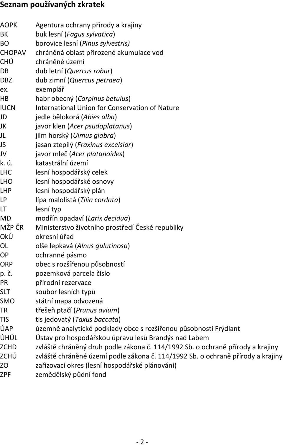 katastrální území LHC lesní hospodářský celek LHO lesní hospodářské osnovy LHP lesní hospodářský plán LP lípa malolistá ( ) LT lesní typ MD modřín opadaví ( ) MŽP ČR Ministerstvo životního prostředí