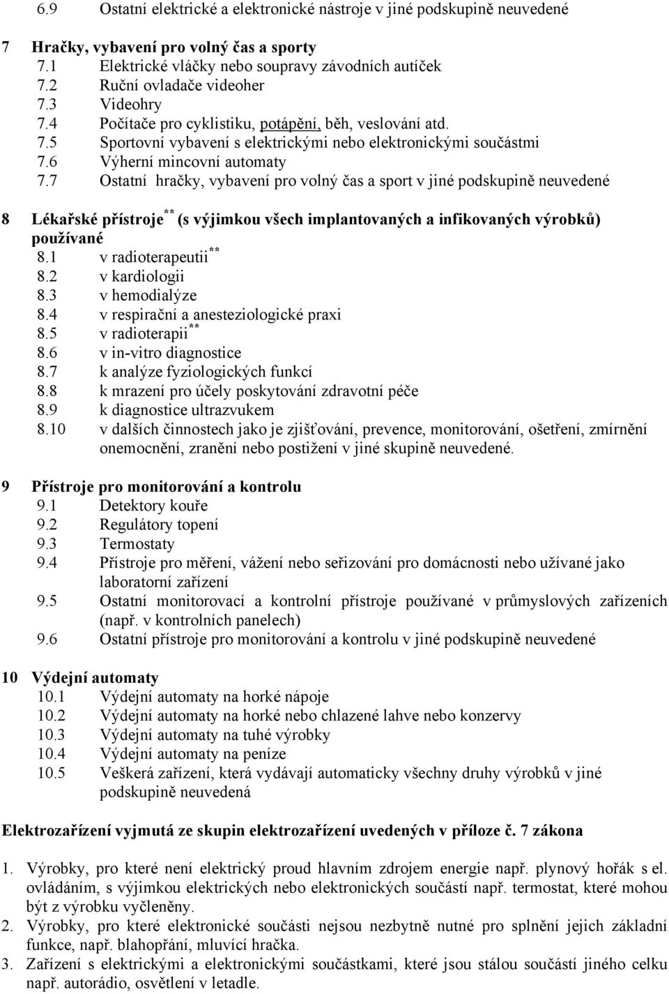 7 Ostatní hračky, vybavení pro volný čas a sport v jiné podskupině neuvedené 8 Lékařské přístroje ** (s výjimkou všech implantovaných a infikovaných výrobků) používané 8.1 v radioterapeutii ** 8.