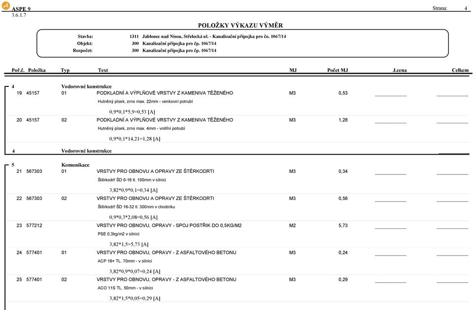 4mm - vnitřní potrubí 0,9*0,1*14,21=1,28 [A] 4 Vodorovné konstrukce 5 Komunikace 21 567303 01 VRSTVY PRO OBNOVU A OPRAVY ZE ŠTĚRKODRTI M3 0,34 Štěrkodrť ŠD 0-16 tl.