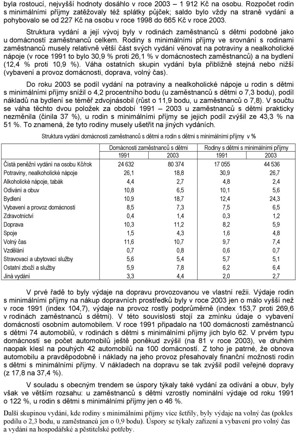 Struktura vydání a její vývoj byly v rodinách zaměstnanců s dětmi podobné jako u domácností zaměstnanců celkem.