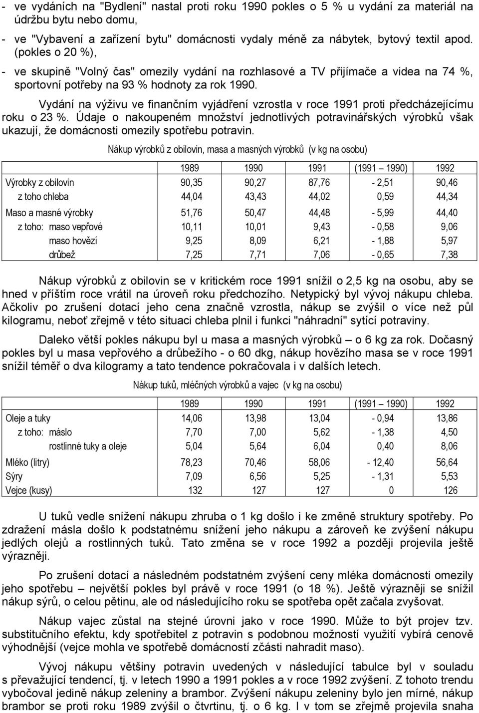 Vydání na výživu ve finančním vyjádření vzrostla v roce 1991 proti předcházejícímu roku o 23 %.