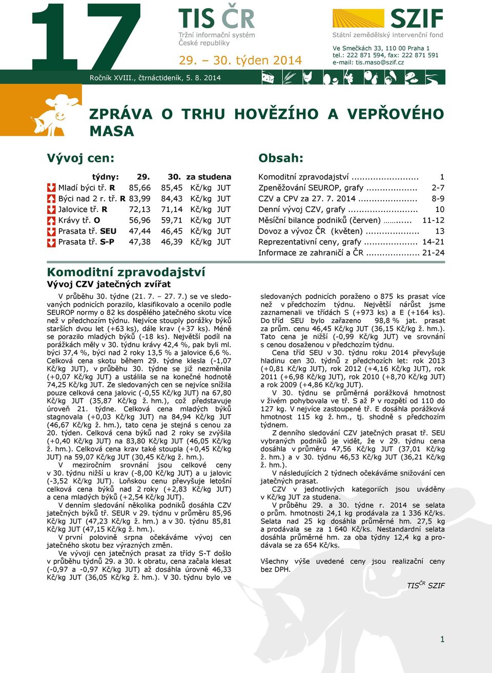 za studena 85,66 85,45 Kč/kg 83,99 84,43 Kč/kg 72,13 71,14 Kč/kg 56,96 59,71 Kč/kg 47,44 46,45 Kč/kg 47,38 46,39 Kč/kg Komoditní zpravodajství Vývoj CZV jatečných zvířat V průběhu 30. týdne (21. 7. 27.