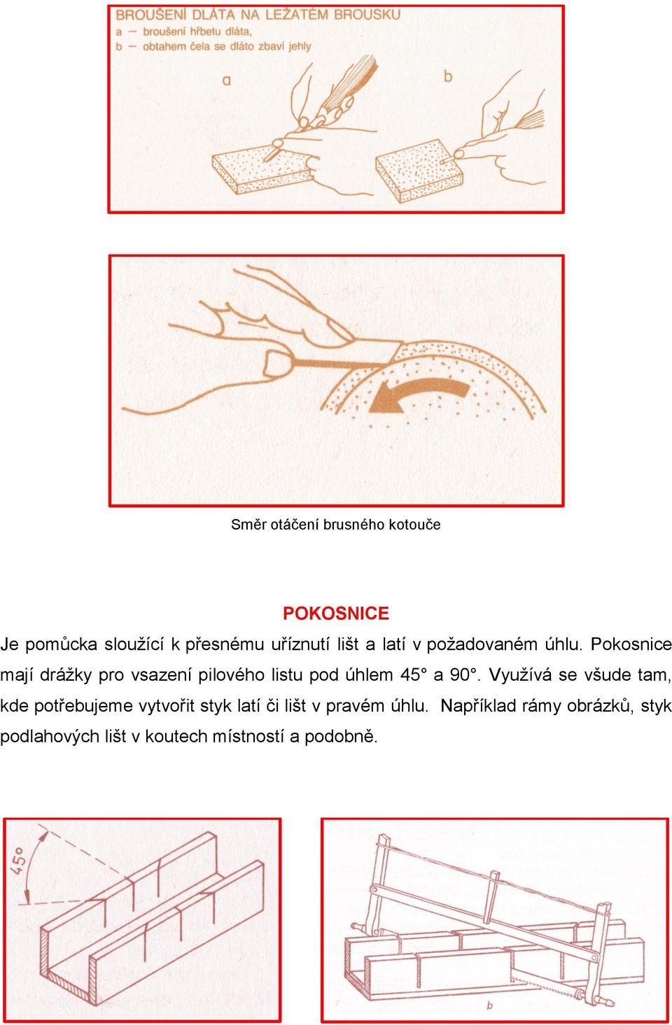 Pokosnice mají drážky pro vsazení pilového listu pod úhlem 45 a 90.