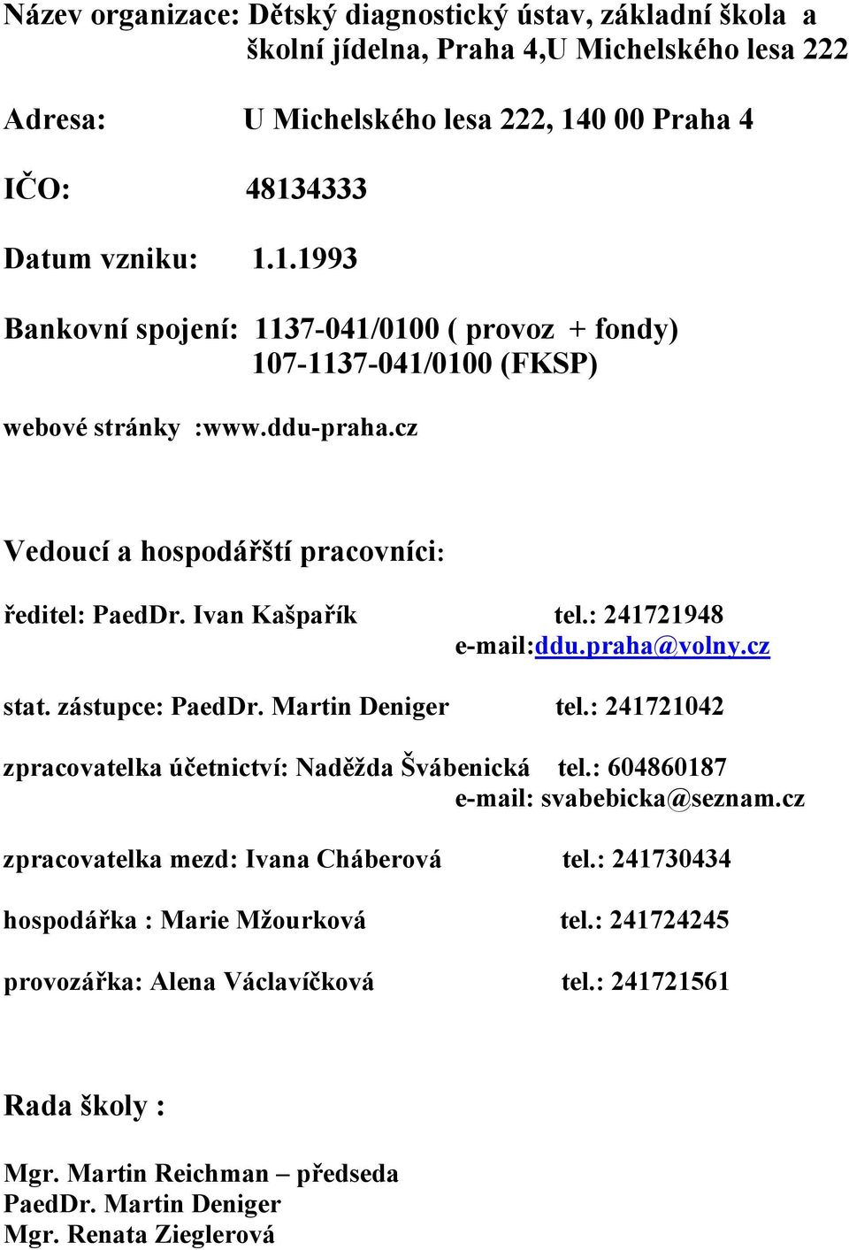 cz Vedoucí a hospodářští pracovníci: ředitel: PaedDr. Ivan Kašpařík tel.: 241721948 e-mail:ddu.praha@volny.cz stat. zástupce: PaedDr. Martin Deniger tel.