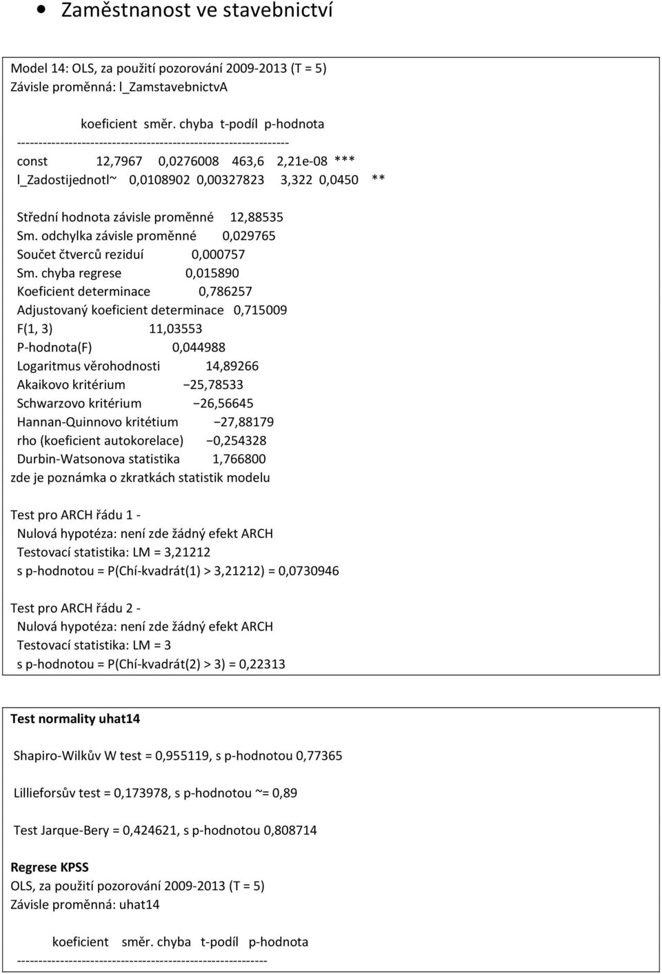 12,88535 Sm. odchylka závisle proměnné,29765 Součet čtverců reziduí,757 Sm.