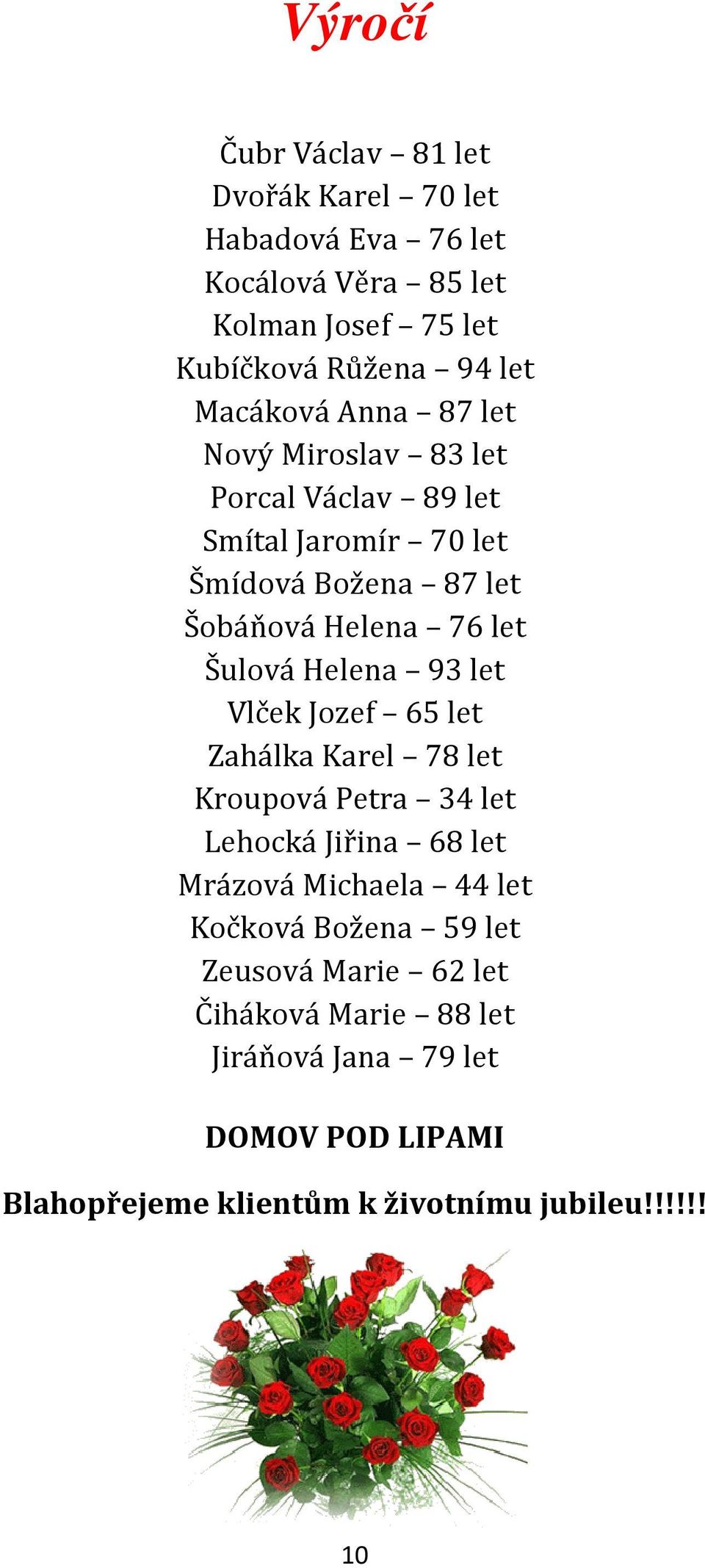 Šulová Helena 93 let Vlček Jozef 65 let Zahálka Karel 78 let Kroupová Petra 34 let Lehocká Jiřina 68 let Mrázová Michaela 44 let