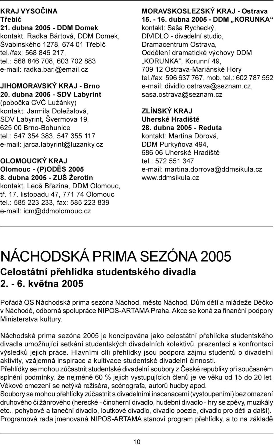 : 547 354 383, 547 355 117 e-mail: jarca.labyrint@luzanky.cz OLOMOUCKÝ KRAJ Olomouc - (P)ODÌS 2005 8. dubna 2005 - ZUŠ Žerotín kontakt: Leoš Bøezina, DDM Olomouc, tø. 17.